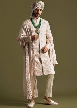 Pink Embroidered Sherwani Set With Stole