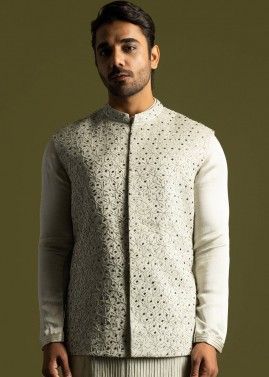Grey Mens Embroidered Linen Nehru Jacket