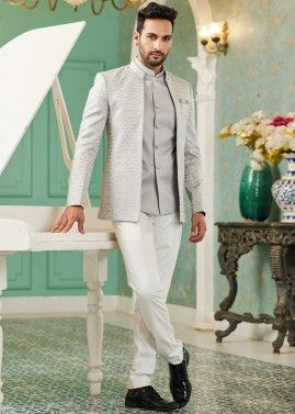 Grey Readymade Mens Bandhgala Jodhpuri Jacket In Art Silk