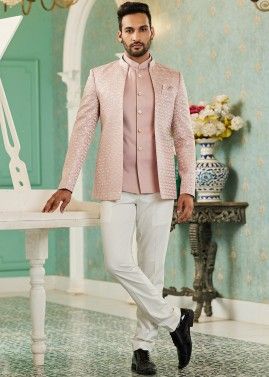 Pink Readymade Mens Art Silk Bandhgala Jodhpuri Jacket
