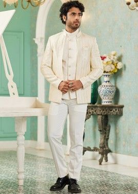 Cream Readymade Mens Art Silk Jodhpuri Jacket In Bandhgala Style