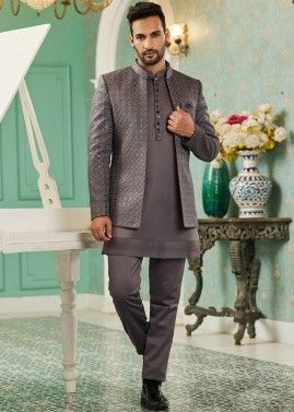 Grey Readymade Mens Kurta Pajama With Jodhpuri Jacket In Art Silk