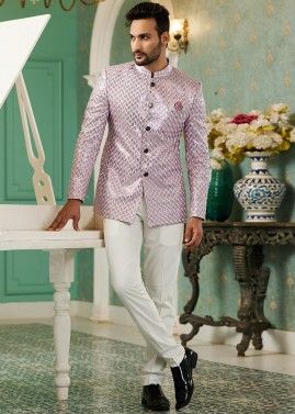 Pink Readymade Mens Bandhgala Jodhpuri Suit In Art Silk