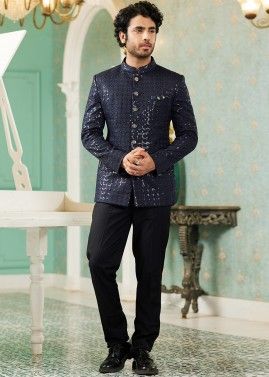 Navy Blue Readymade Mens Bandhgala Jodhpuri Suit In Art Silk