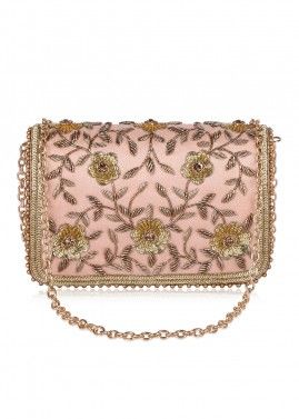 Pink Satin Bag With Floral Sequins Embroidery