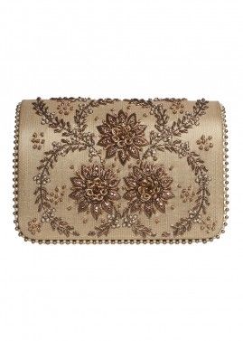 Zari Embroidered Front Flap Bag In Beige