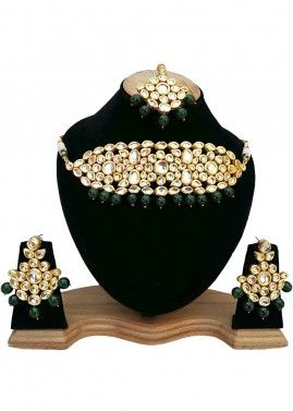 Dark Green Golden Pearl And Kundan Necklace Set