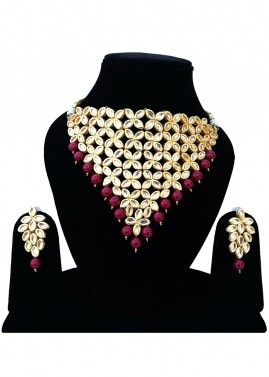 Golden Magenta Stone Studded Kundan Necklace Set
