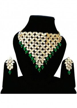 Golden Green Pearl And Kundan Necklace Set
