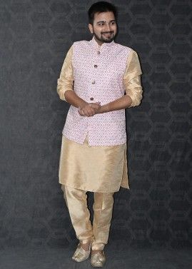 Golden Kurta Pajama & Printed Cotton Nehru Jacket