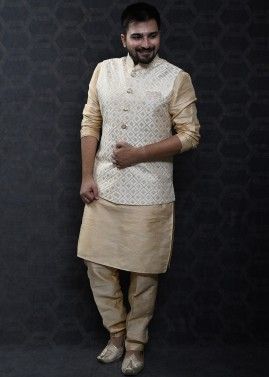 Golden Silk Kurta Pajama & Embroidered Nehru Jacket