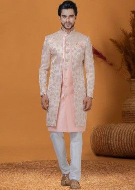 Peach Woven Jacket Style Indo Western Sherwani