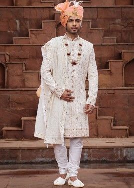 Mens Cream Embroidered Sherwani With Stole
