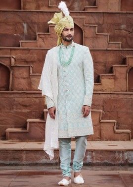 Blue Embroidered Sherwani With Stole