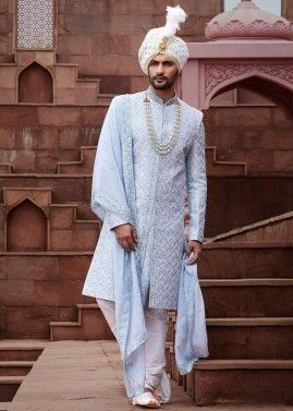 Mens Blue Embroidered Sherwani Set With Stole