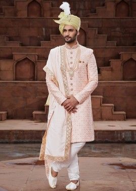 Peach Embroidered Sherwani Set With Stole