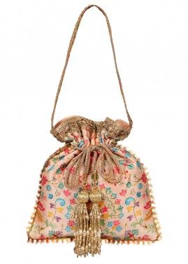 Pink Silk Potli Bag In Floral Print