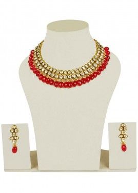 Red Pearl And Golden Kundan Bridal Necklace Set