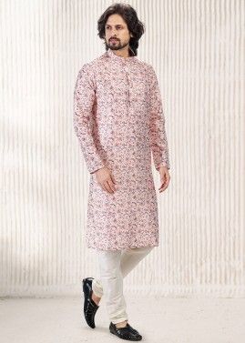 Pink Readymade Mens Jacquard Kurta Pajama In Digital Print
