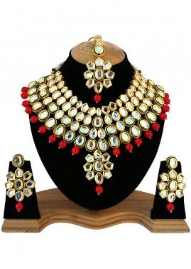 Red Pearl Golden Kundan Stone Studded Necklace Set