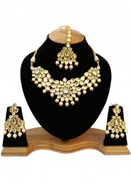Pearl Golden Kundan Stone Studded Necklace Set
