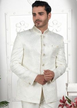Readymade White Woven Bandhgala Jodhpuri Jacket