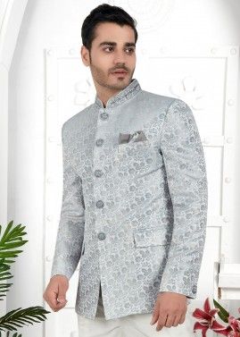 Grey Woven Mens Bandhgala Jodhpuri Jacket
