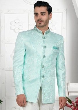 Turquoise Bandhgala Jodhpuri Jacket In Woven Work