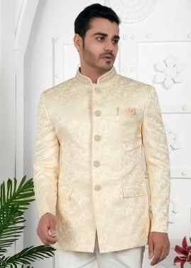 Cream Woven Bandhgala Jodhpuri Jacket For Men