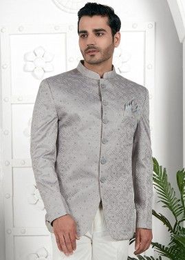 Mens Grey Embroidered Bandhgala Jodhpuri Jacket