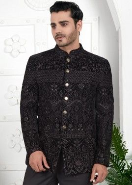 Black Embroidered Mens Bandhgala Jodhpuri Jacket