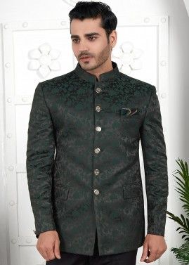 Green Mens Woven Bandhgala Jodhpuri Jacket