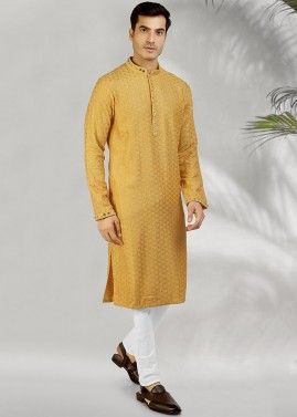 Yellow Embroidered Kurta Pajama In Chanderi