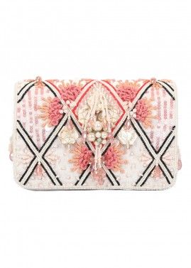 White & Pink Embroidered Clutch Bag In Silk