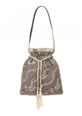 Brown Embroidered Silk Potli Bag