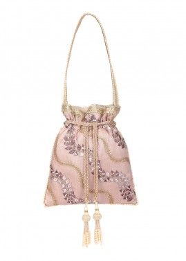 Pink Embroidered Potli Bag In Silk