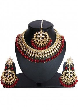 Maroon Golden Pearl And Kundan Bridal Necklace Set