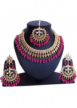 Pink Golden Pearl And Kundan Bridal Necklace Set