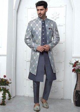 Grey Woven Readymade Mens Jacket Style Jacquard Sherwani