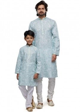 Light Blue Father Son Digital Printed Kurta Pajama In Cotton