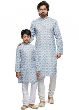 Grey Father & Son Cotton Digital Printed Kurta Pajama 
