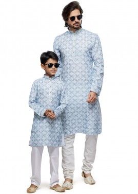 Blue Father & Son Cotton Kurta Pajama In Digital Print