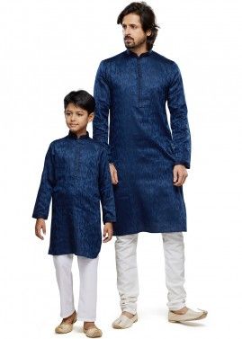 Navy Blue Father Son Printed Kurta Pajama In Art Silk