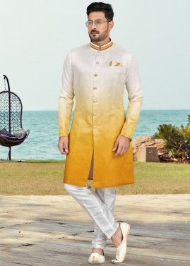 Shaded Yellow Mens Indo Western Sherwani Set
