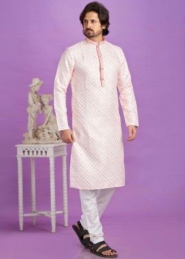 Light Pink Readymade Mens Printed Kurta Pajama In Cotton