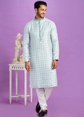 Light Blue Readymade Mens Digital Printed Cotton Kurta Pajama