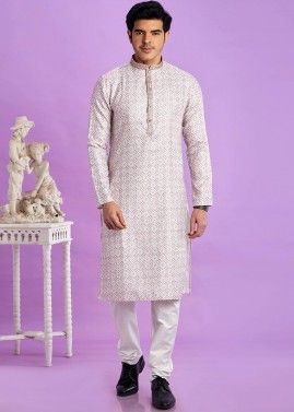 White Readymade Printed Mens Kurta Pajama In Cotton