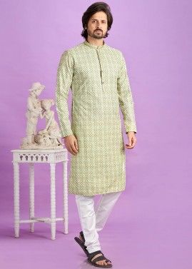 Green Readymade Cotton Mens Kurta Pajama In Digital Print
