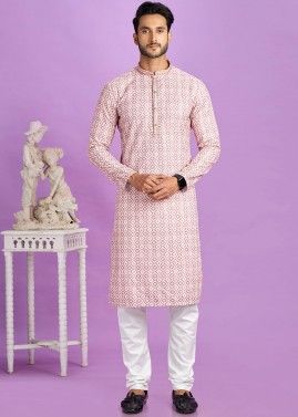 Readymade Mens Cotton Printed Kurta Pajama In Pink