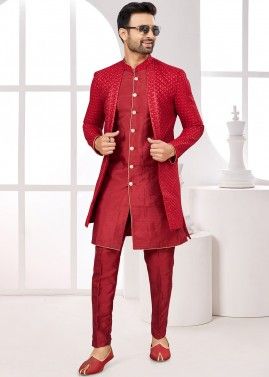 Red Embroidered Mens Indo Western Sherwani Set
